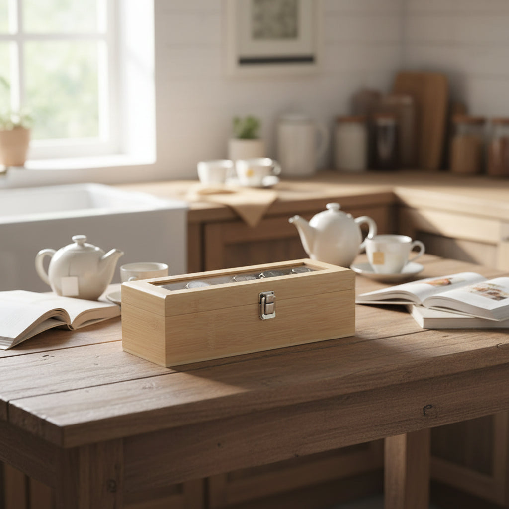 Bamboo Tea Bag Storage Box – 5 Compartment Organizer for Tea, Coffee & Spices