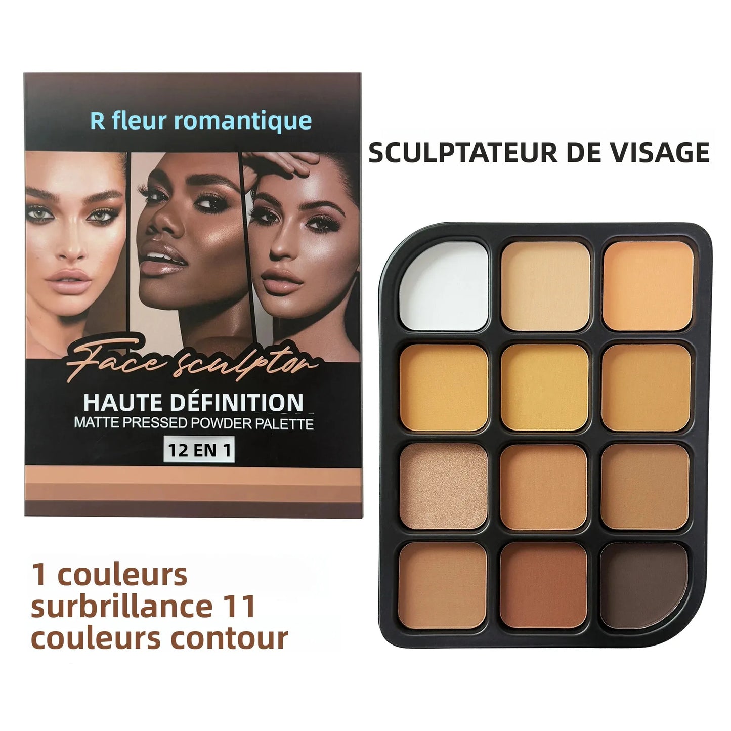 Palette Contour 12 Couleurs – Bronzer & Highlighter Tout-en-Un, Couverture Totale