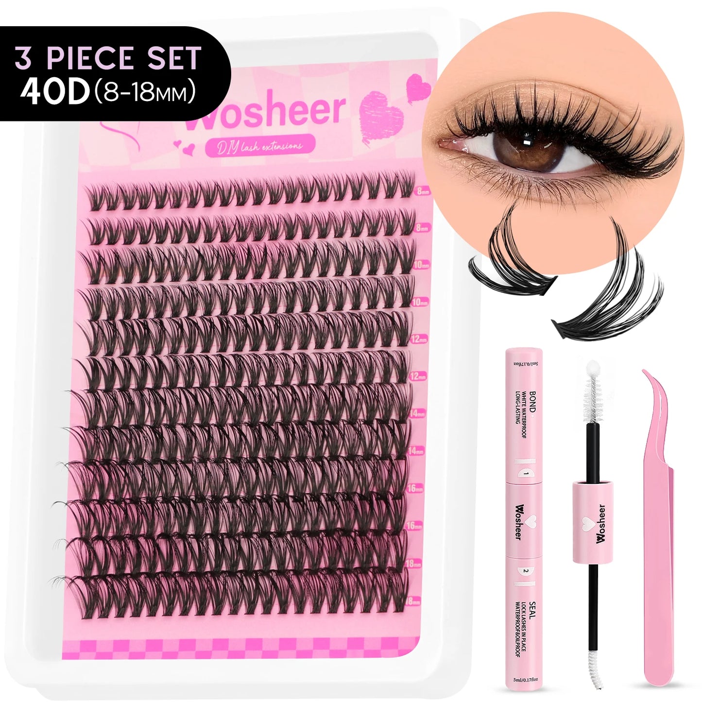 Kit de grappes de cils – Grappes de cils en pointe, volume, cils individuels, DIY – Extensions de cils style manga, effet piquant
