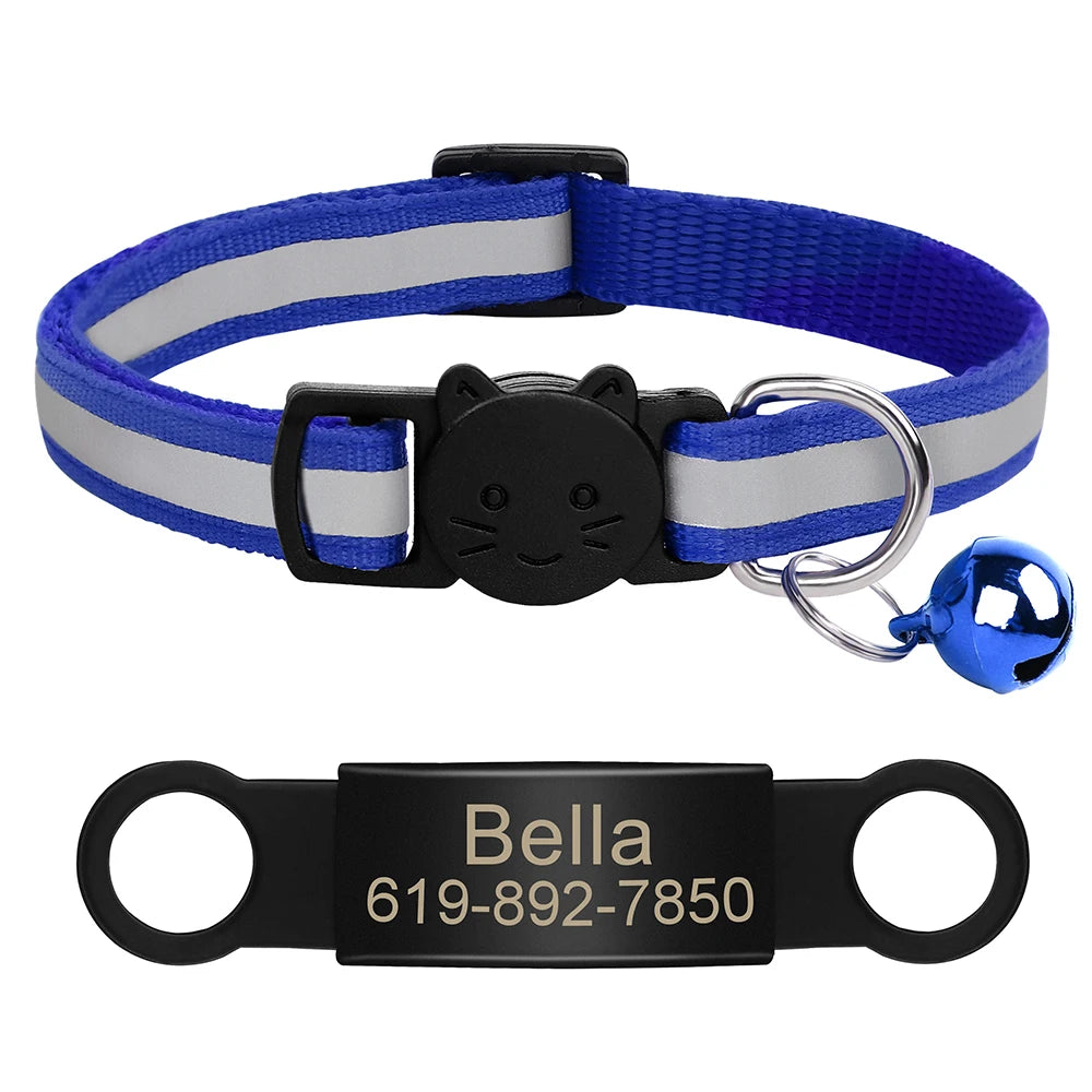Personalized Reflective Cat Collar with Engraved ID Tag & Bell