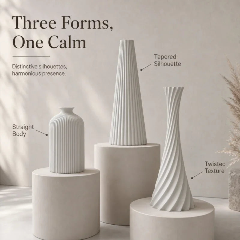 3-Piece Wabi-Sabi Ribbed Vase Set – Matte Off-White Decorative Vases for Home Decor