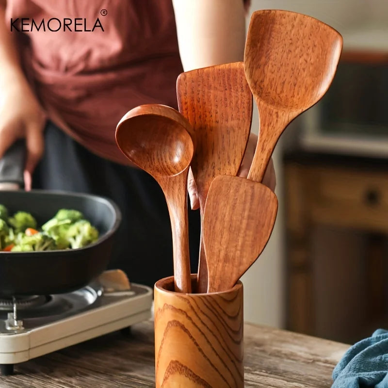 4-Piece Wooden Kitchen Utensil Set – Non-Stick Cooking Spatulas, Spoons & Food Shovels