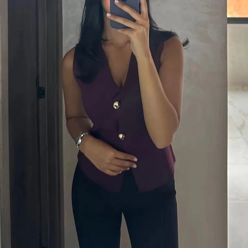 Top Court Tricot Femme – Gilet Boutonné Sans Manches