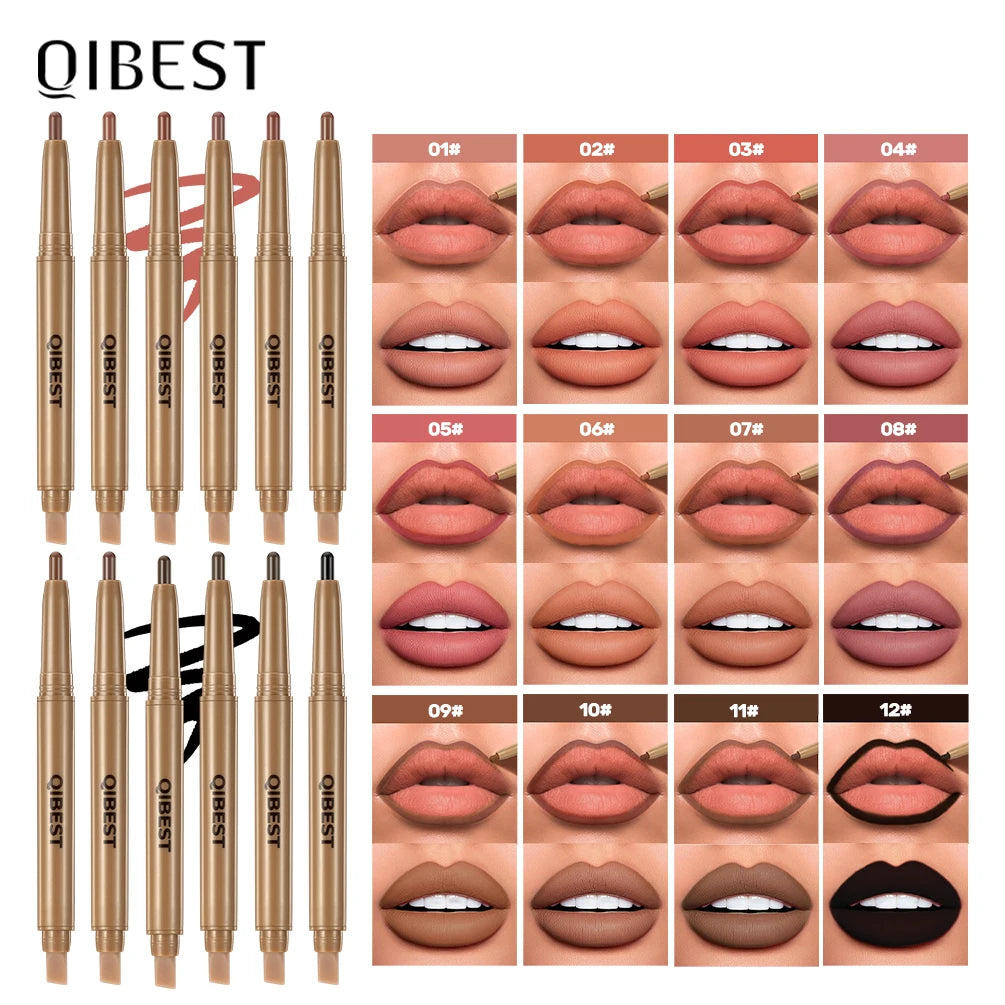 Crayon à Lèvres Double-Embout & Pinceau 2-en-1 – Mat, Contour et Teinte, Longue Tenue, Nude et Noir, Maquillage des Lèvres