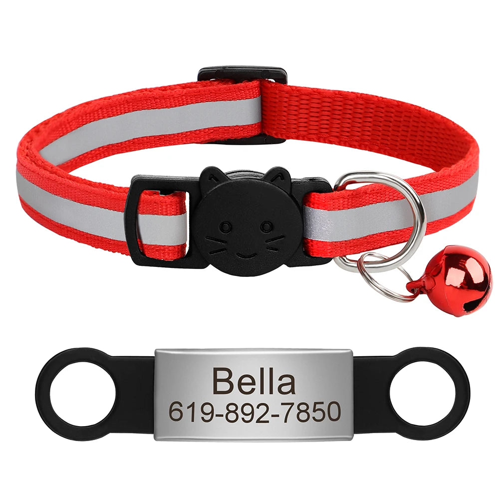 Personalized Reflective Cat Collar with Engraved ID Tag & Bell