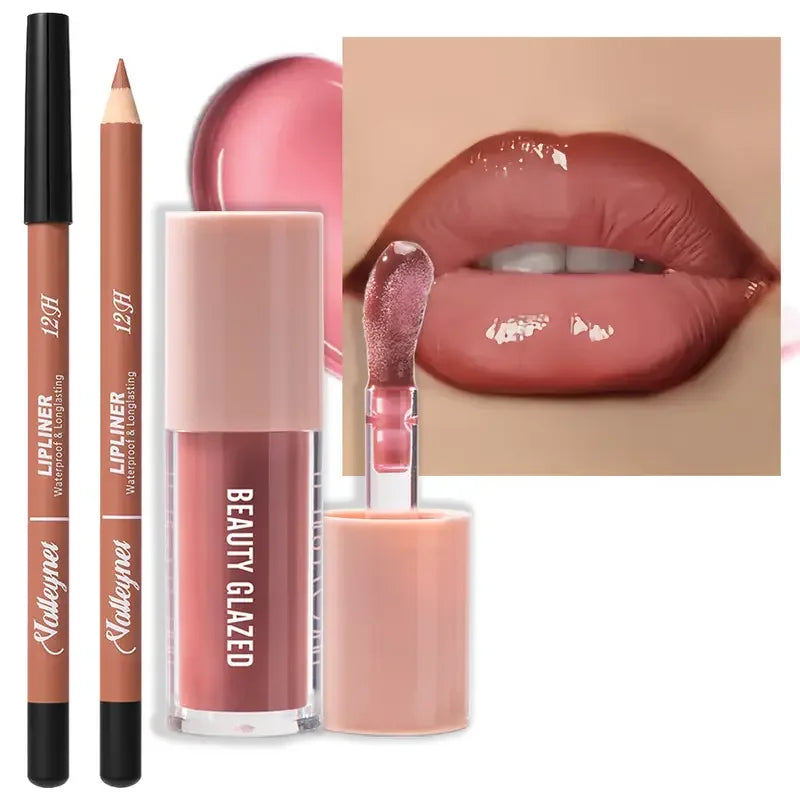 Set 2 Pièces Maquillage Lèvres – Matte Waterproof, Crayon et Gloss, Texture Crayon, Teintes Rouge, Marron, Rose et Nude