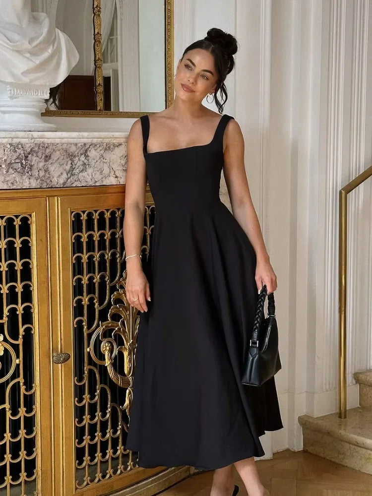 Robe Longue Femme Noir – Col Carré Élégant, Plissée, Sans Manches, Maxi Été 2025
