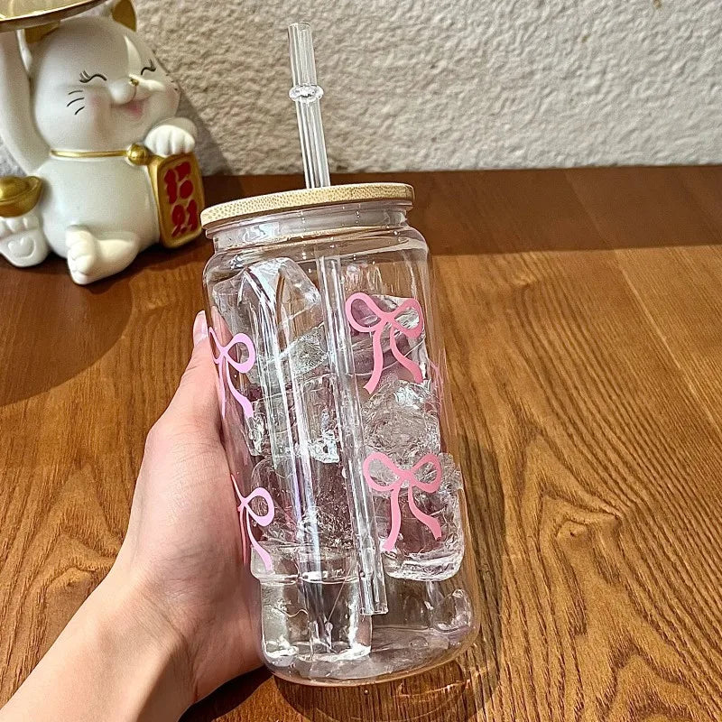 500ml Cute Bow Glass Tumbler with Lid & Straw – Mason Jar Style Cup for Iced Coffee, Juice & Smoothies