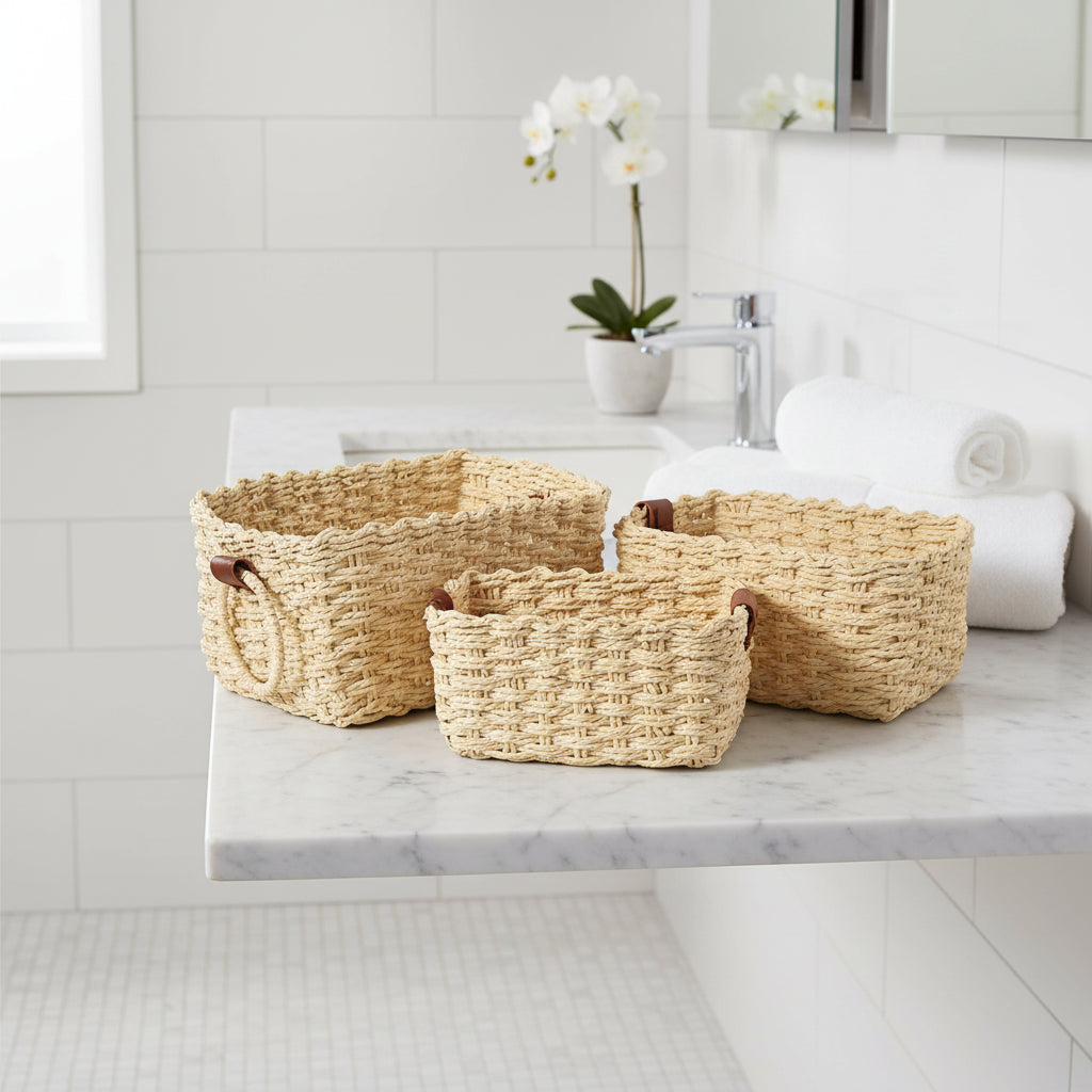 3PCS Woven Storage Basket Set – Decorative Rope Organizer Baskets with Handles