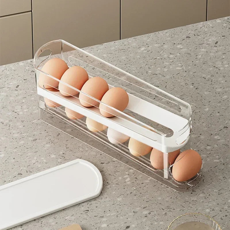 2-Layer Rolling Egg Storage Box – Automatic Refrigerator Egg Organizer