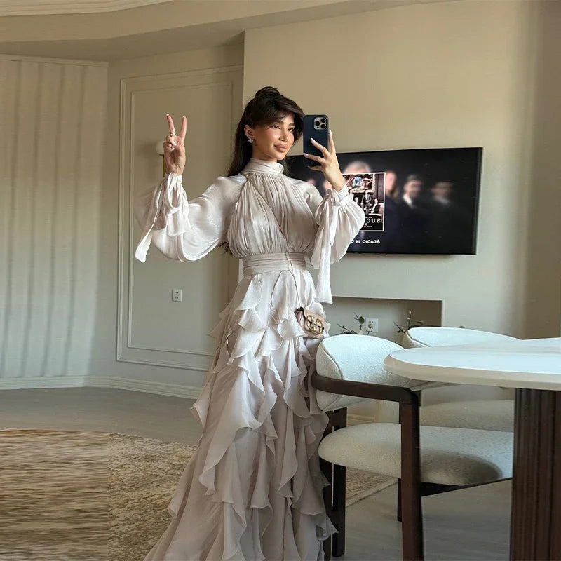 Robe Maxi Femme Brillante – Volants, Coupe A Slim, Manches Longues, Lacets, Élégante pour Soirées et Club, Robe d’Été Luxe