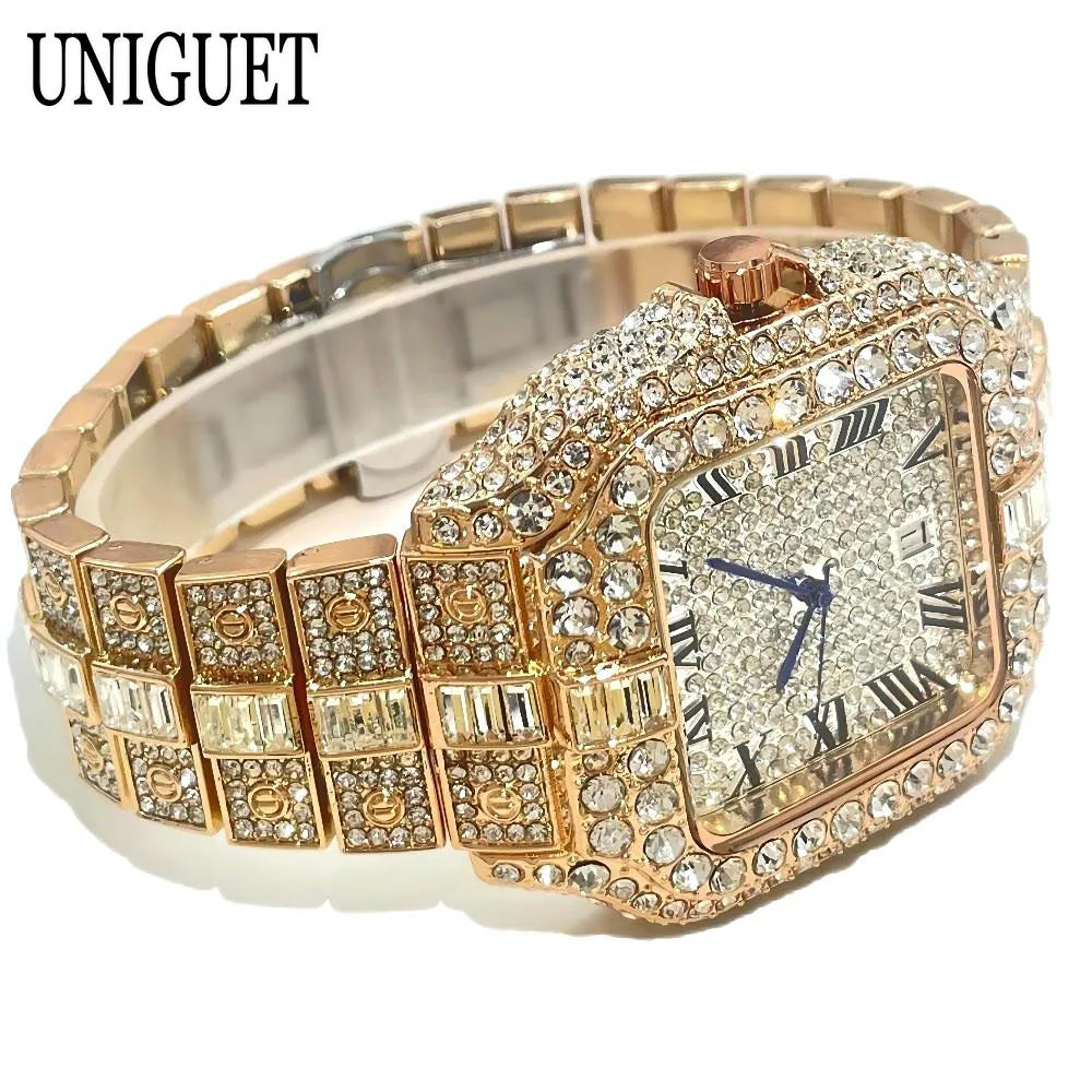 Marque de mode chaude UNIGUET Hip Hop or Rose diamant glacé montre pour hommes de luxe carré étanche Quartz homme horloges Relogio Masculino