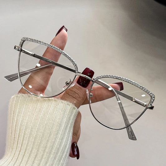 Lunettes simples et élégantes pour femmes, style œil de chat, semi-cerclées, serties de diamants, lunettes décoratives, plusieurs couleurs disponibles F