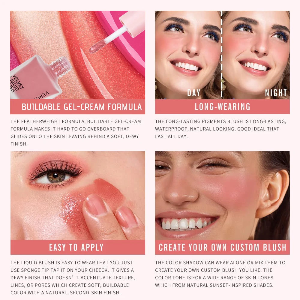 Blush liquide 4 couleurs 5 ml – Longue tenue et facile à estomper, teinte vegan pour les joues – Effet naturel ou éclat intense, fini lumineux ou mat