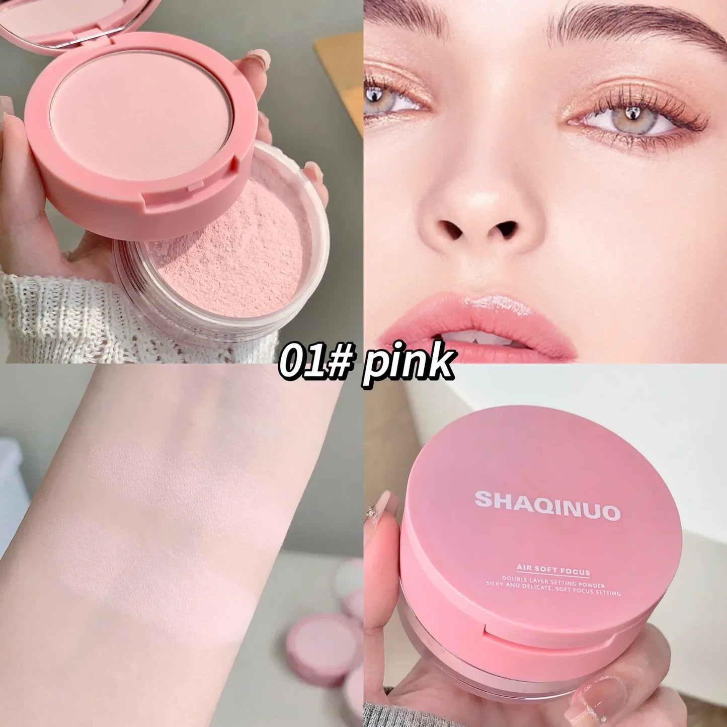 Poudre compacte à double effet – Légère et transparente, retouches, anti-cernes, contouring, anti-gonflement, blush, illuminateur, haute couvrance