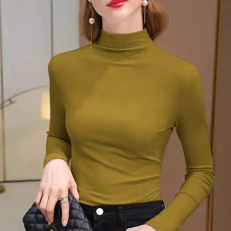 T-shirt Femme Col Semi-Roulé – Manches Longues & Coupe Ajustée