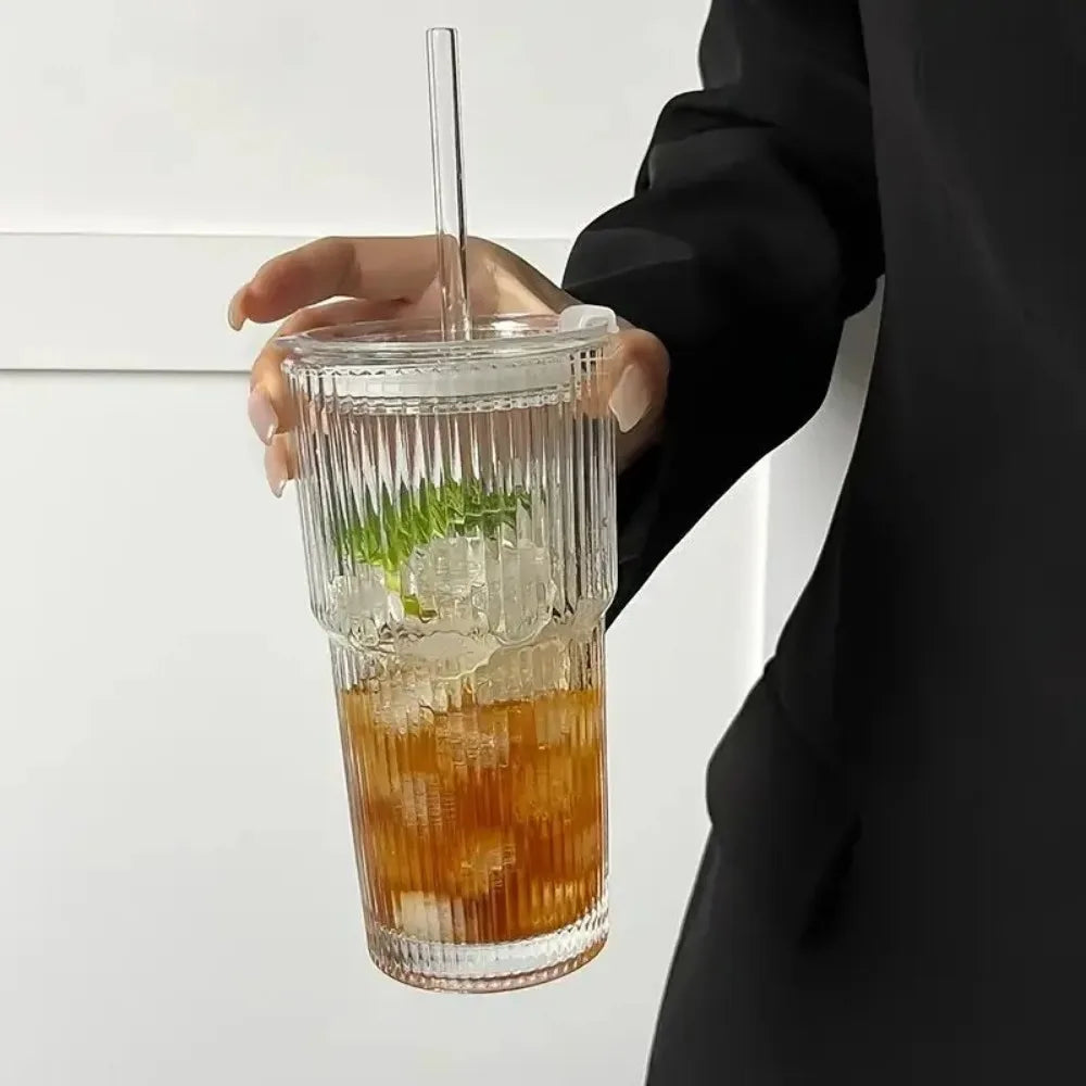 600ml Ribbed Glass Cup with Lid & Straw – Transparent Tumbler for Iced Coffee, Juice & Water