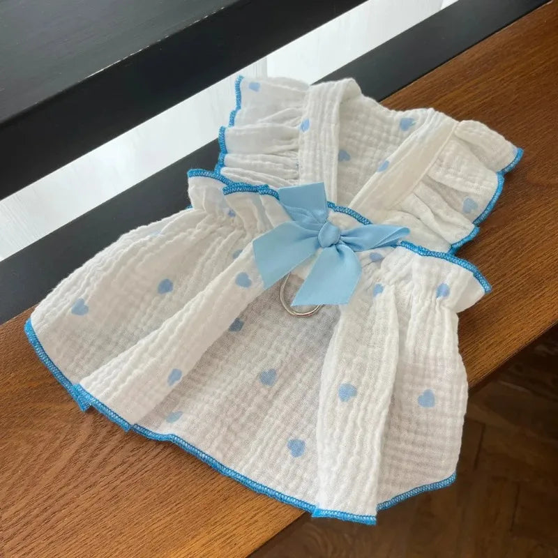 Heart Print Dog Dress with Bow – Cute Summer Princess Outfit for Small Dogs & Cats