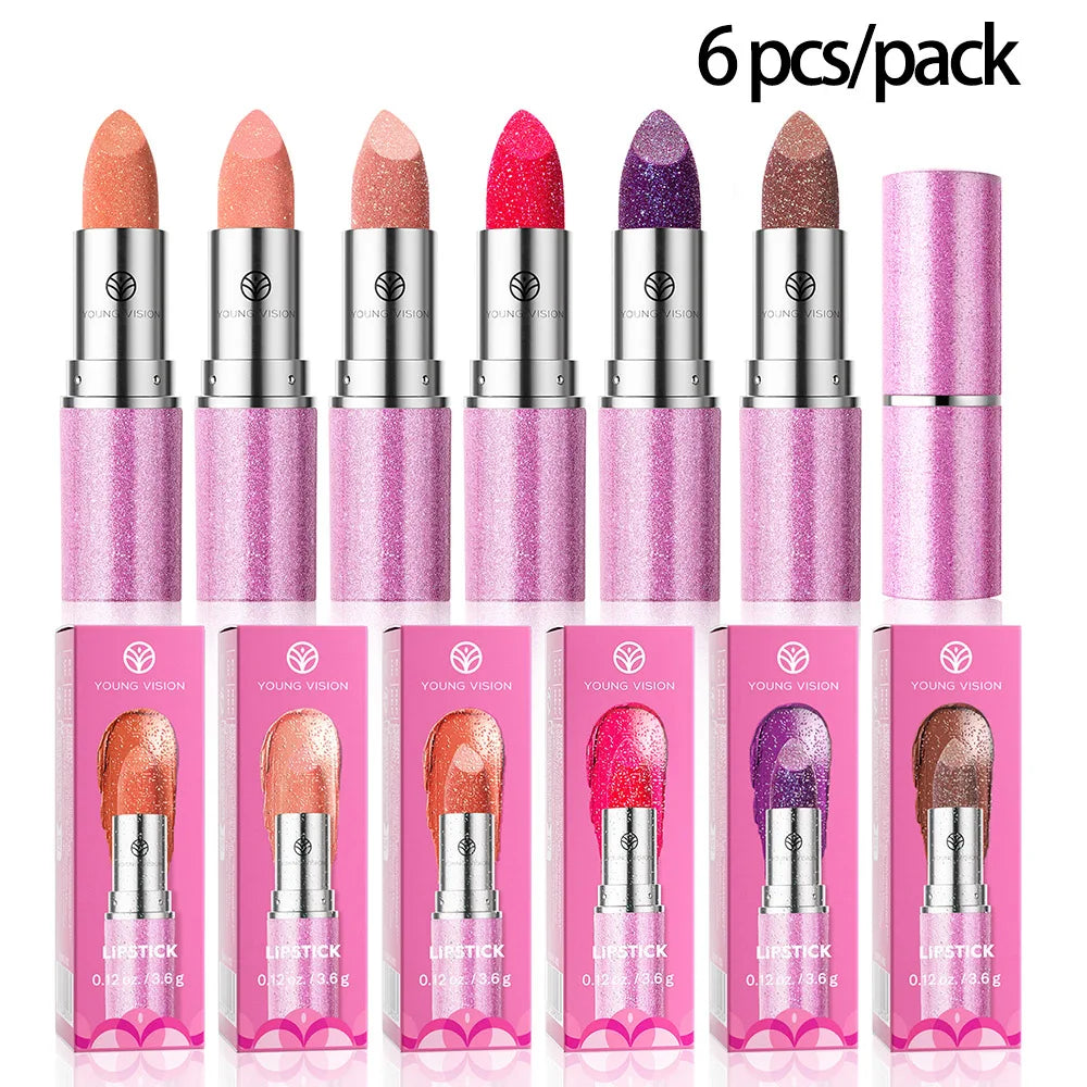 Rouge à Lèvres Changeant de Couleur – 6 Couleurs, Effet Perlé et Flash, Couleur Durable, Ombre à Paupières