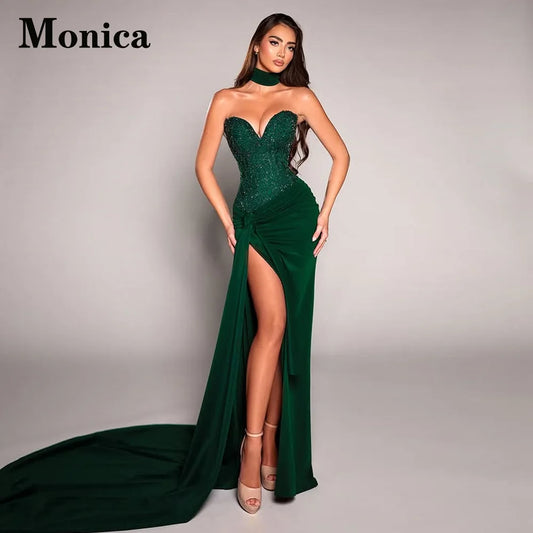 MONICA élégant perles robes De bal pour les femmes trompette fente Court Train sans manches robes De soirée robes De Gala personnalisé