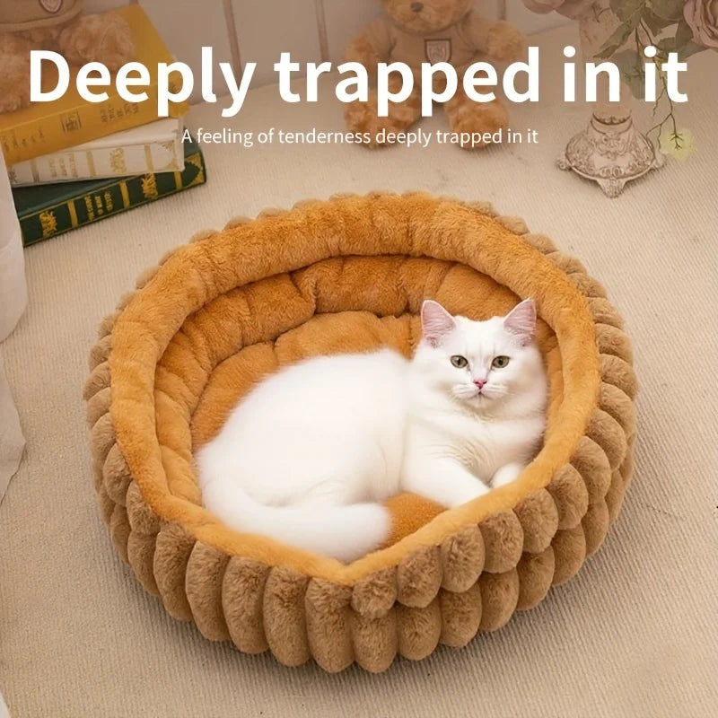 Round Plush Pet Bed – Fluffy Calming Donut Bed for Cats & Small Dogs