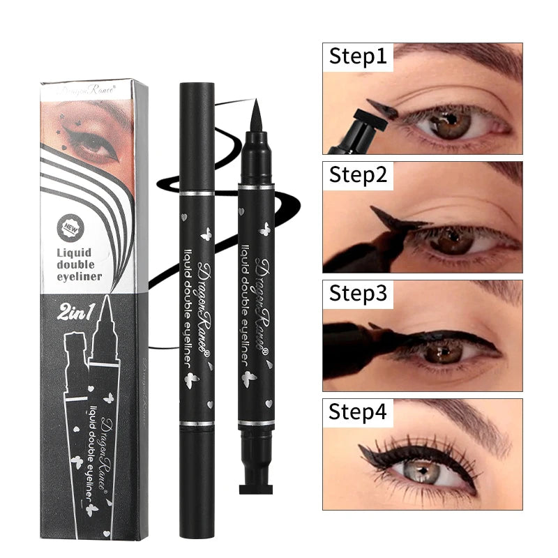 Eyeliner Double Embout avec Tampon – Liquide, Waterproof, Anti-Bavure, Séchage Rapide, Résistant à la Sueur
