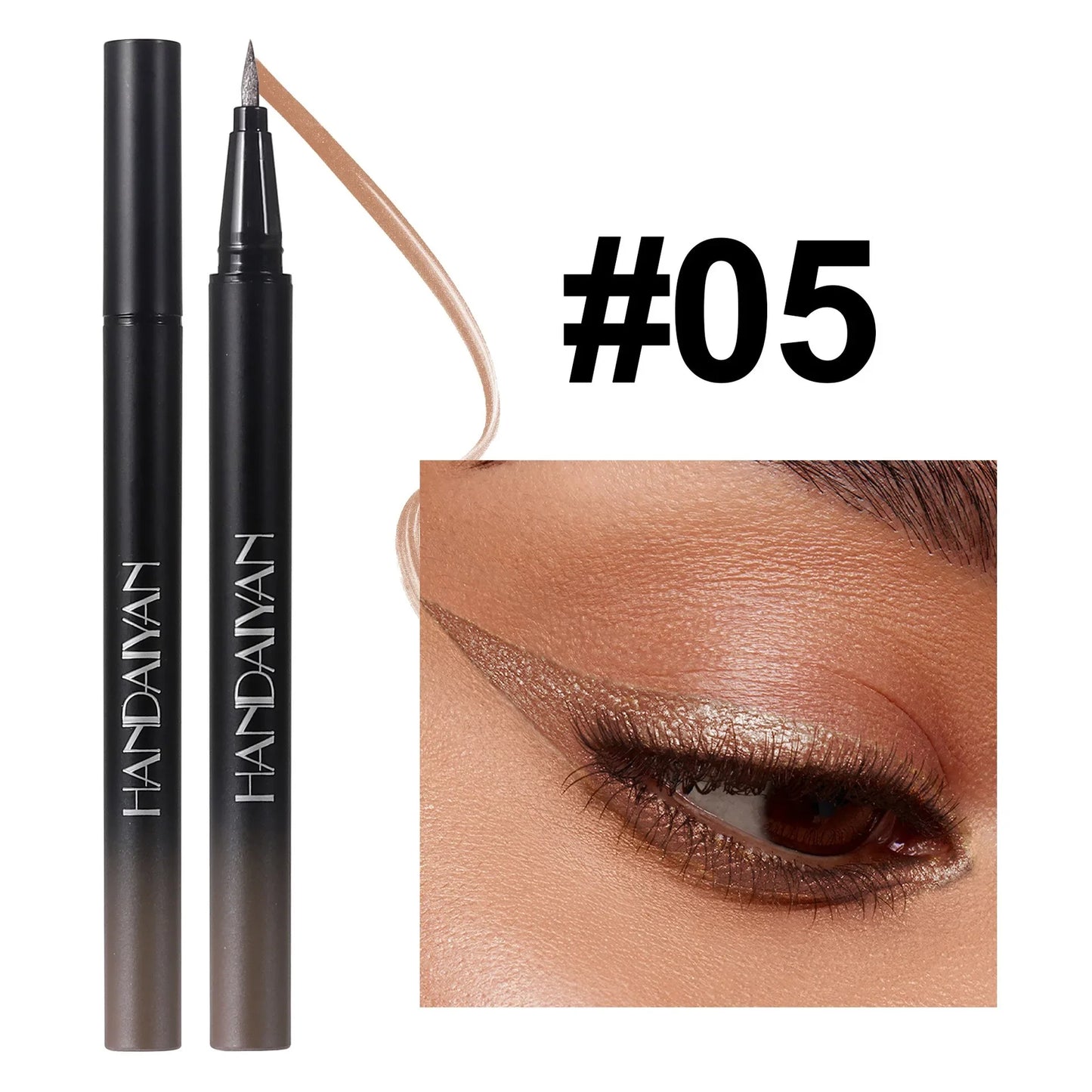 Eyeliner Liquide Diamant — brillant, waterproof, séchage rapide, fini métallique argent et or, perlé, effet soyeux, illumine le regard