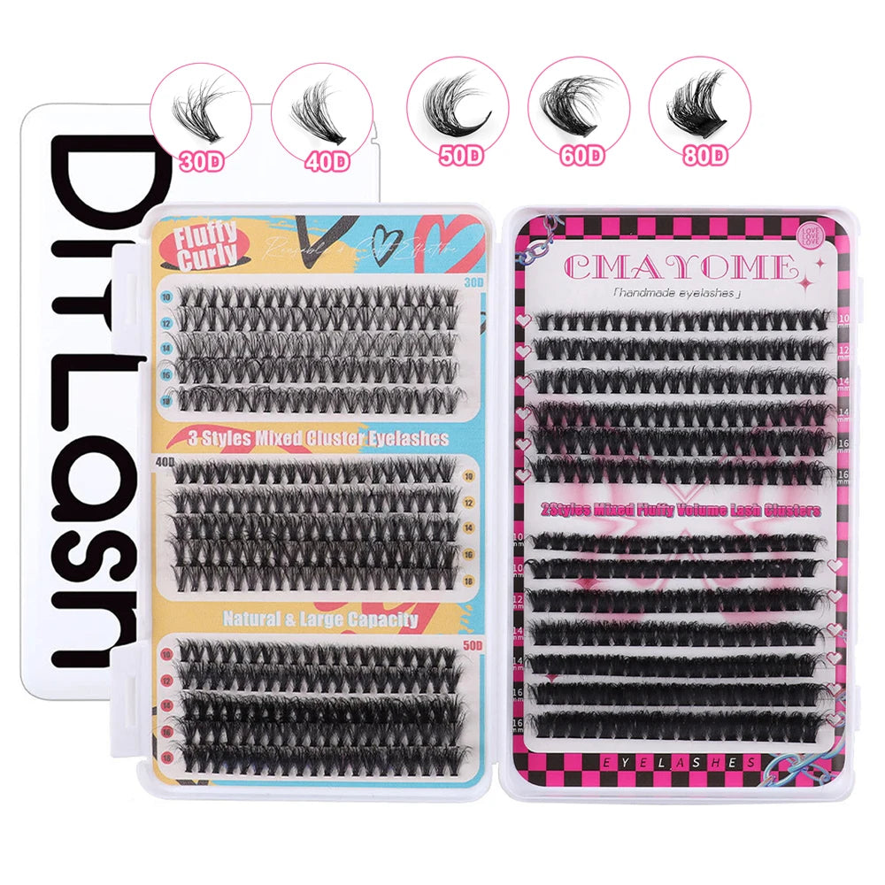 600 pcs Extensions de cils individuels – Grappes épaisses et volumineuses, 30D/100D, longueurs mixtes, DIY – Cils faciles à appliquer et à retirer