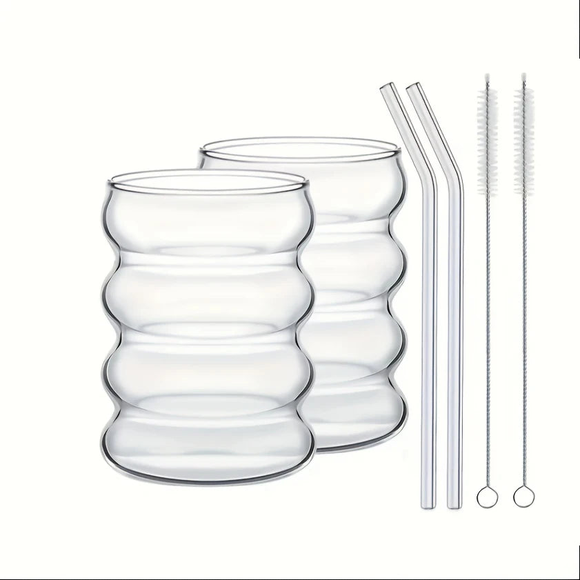 Set of 2 Vintage Ripple Glass Coffee Cups – 350ml High Borosilicate Glasses with Straw & Cleaning Brush