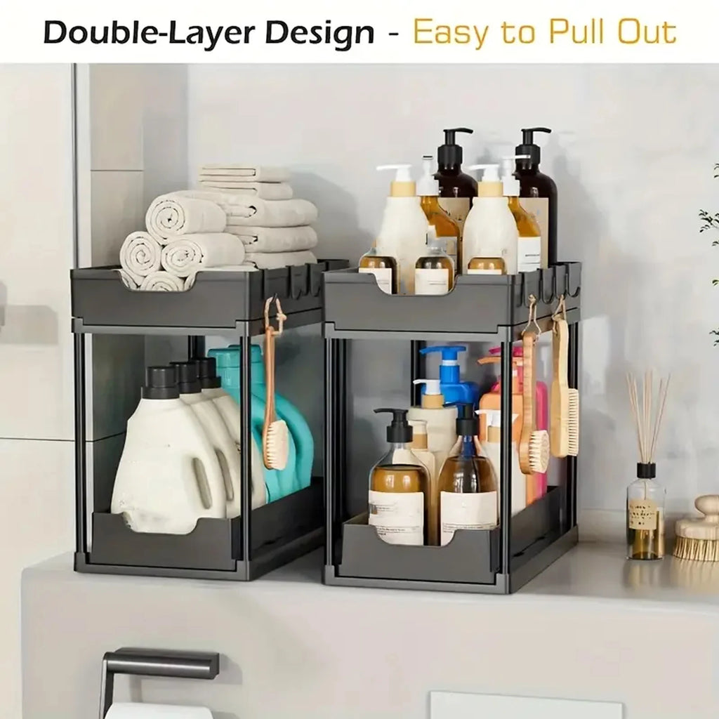 Double-Layer Pull-Out Kitchen Storage Rack – Under Sink Organizer with Hooks