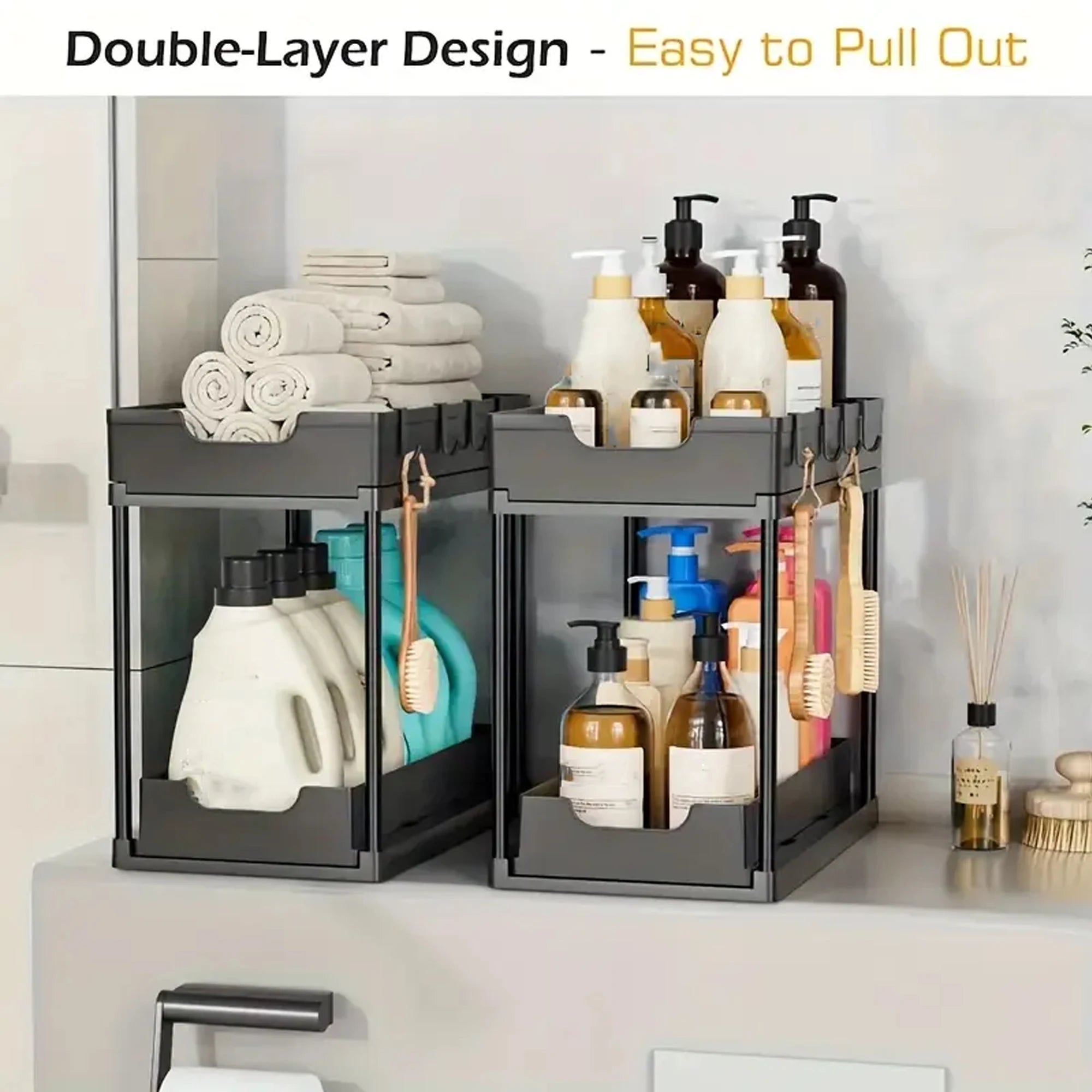 Double-Layer Pull-Out Kitchen Storage Rack – Under Sink Organizer with Hooks