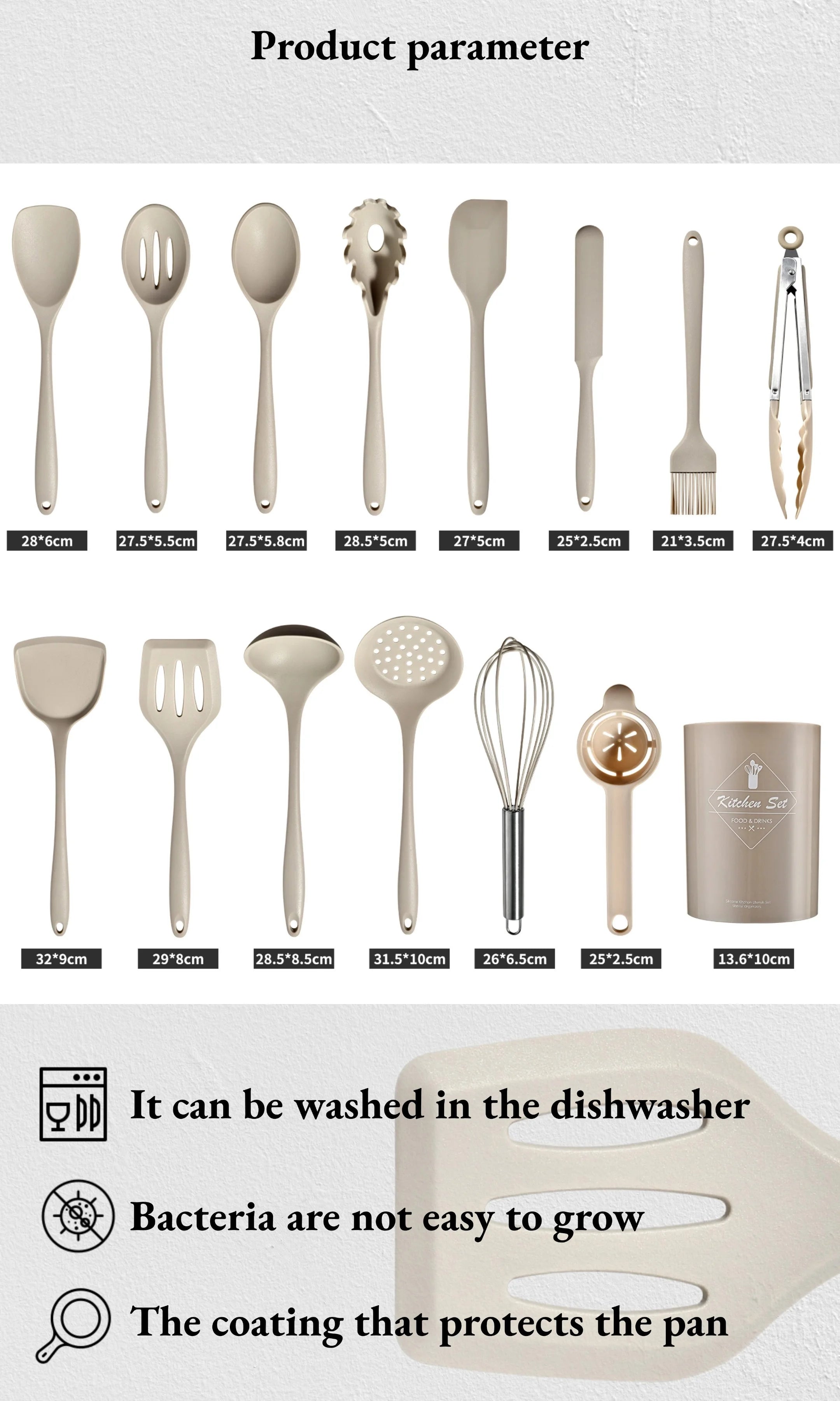 15-Piece Khaki Silicone Kitchen Utensil Set – Food-Grade Cooking Tools with Spatulas, Turner & Soup Spoon