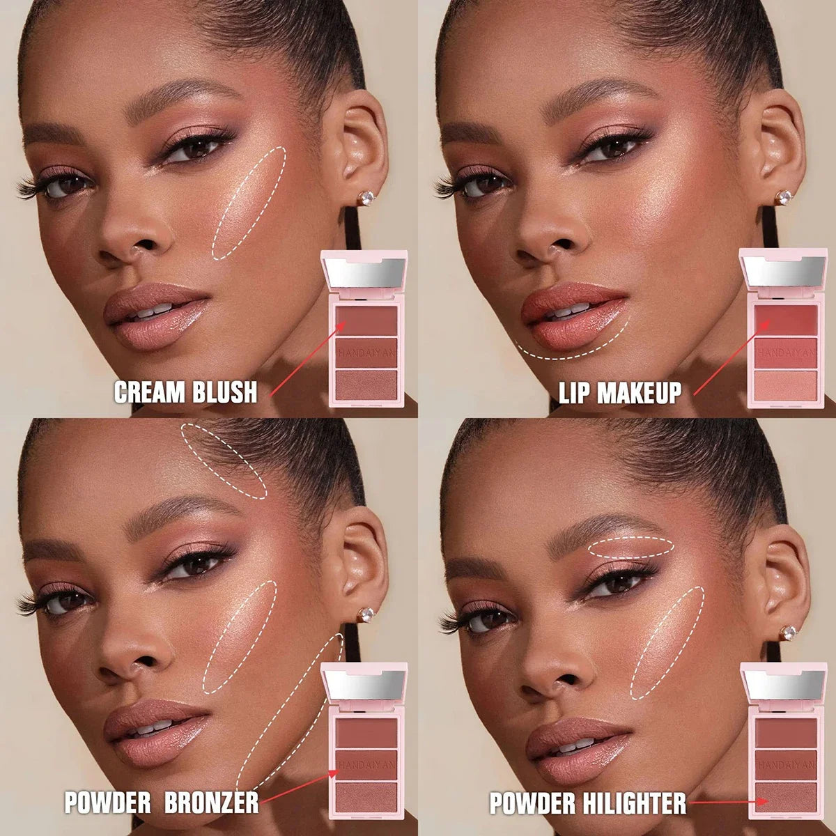 Palette Blush Trois Couleurs Tout-en-Un — Multifonctionnelle, Haute Brillance, Ombre à Paupières et Contouring, Fini Mat