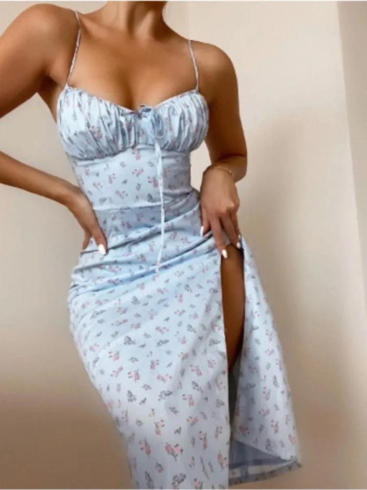 Robe Femme Fleurie – Bretelles Spaghetti, Col Plongeant, Fendue, Slim Fit Été 2025