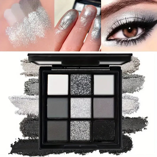 Palette de fards à paupières 9 couleurs avec pinceau – Maquillage smoky gris-rose, fini mat et nacré, effet illuminant soyeux