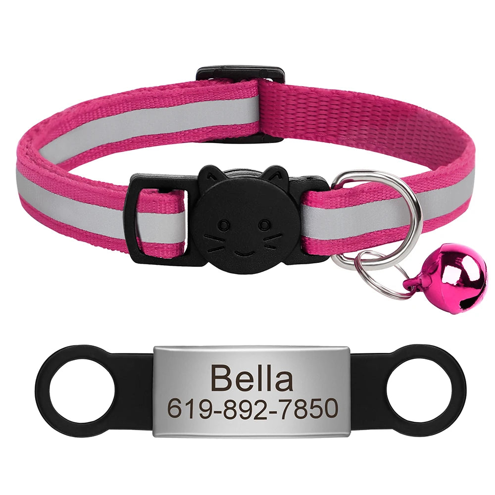 Personalized Reflective Cat Collar with Engraved ID Tag & Bell