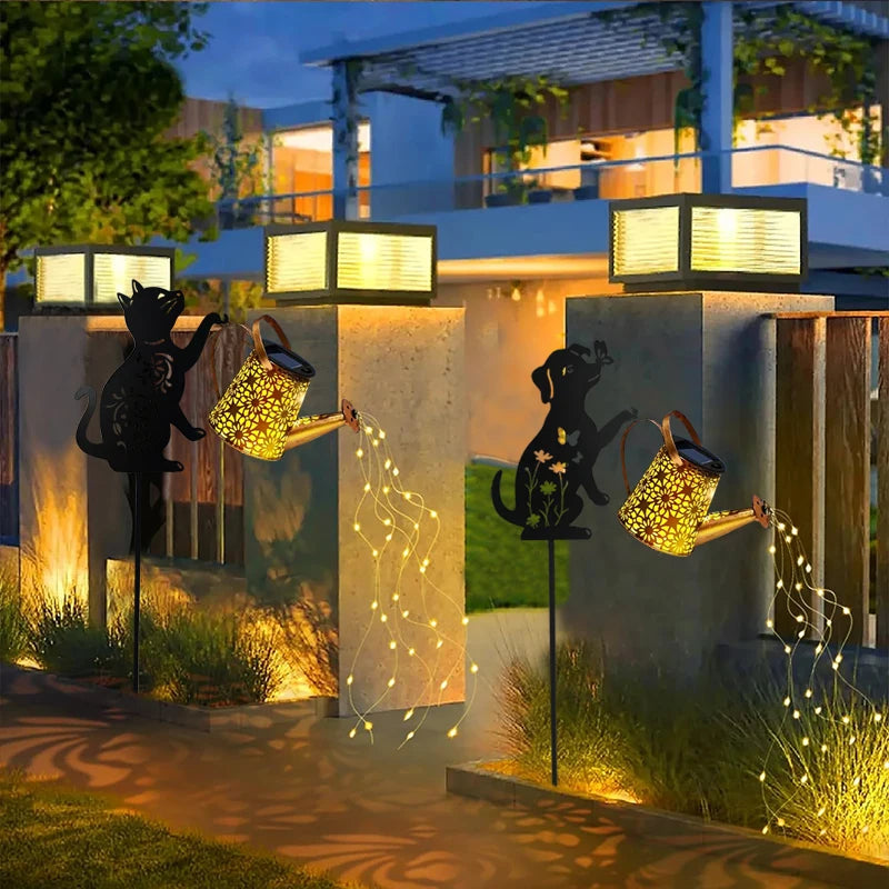 Solar Watering Can Garden Light – Cat/Dog Silhouette Hanging Outdoor Décor