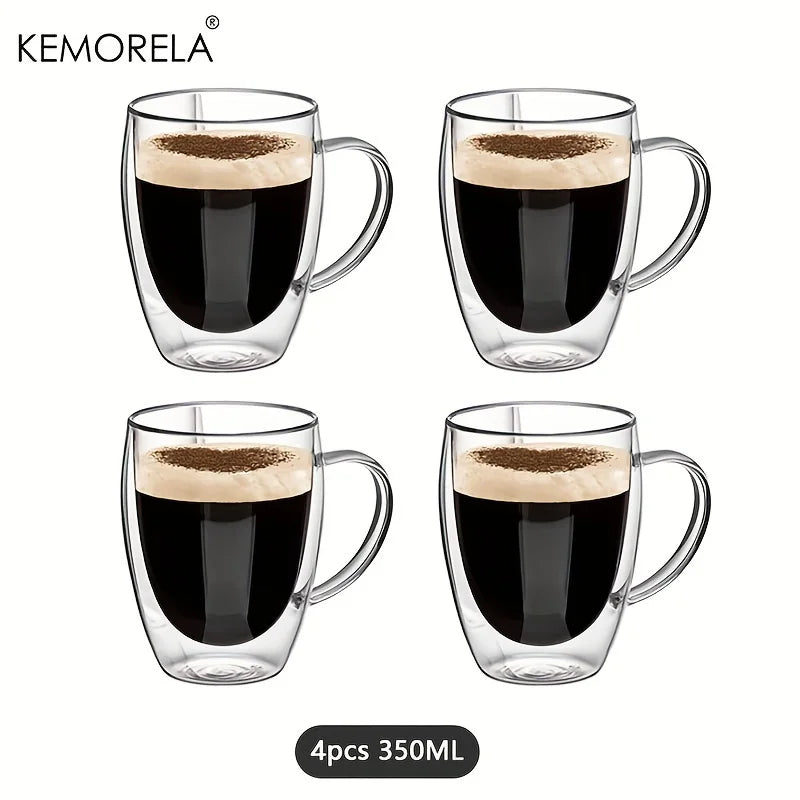 Double Wall Glass Coffee Mug with Handle – 350ml Insulated Cappuccino, Tea & Latte Cup (2/4/6 PCS)