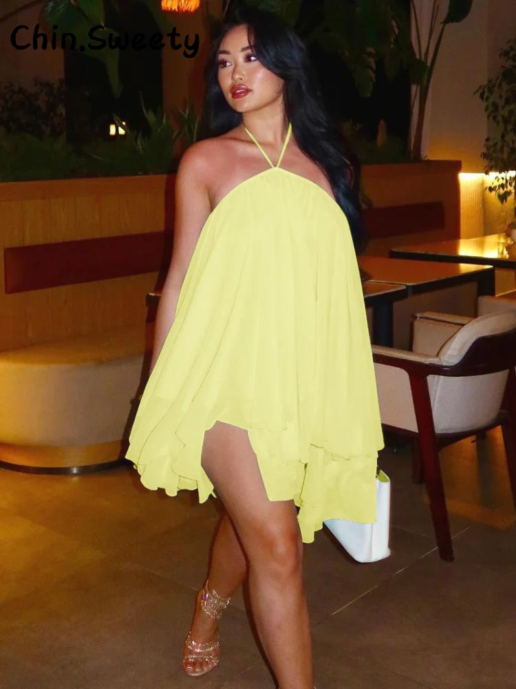 Robe Courte Élégante Femme Été– Robe Halter à Volants, Sans Manches, Dos Nu, Fluide et Décontractée pour Plage & Vacances