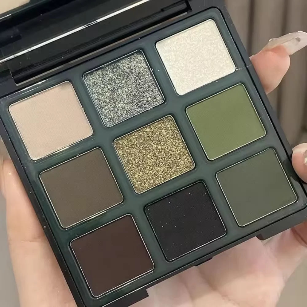 Palette de Fards à Paupières 9 Couleurs — Teintes Vert Olive, Fini Nacré et Scintillant, Matte, Palette Rose, Maquillage Flash Cosmétiques