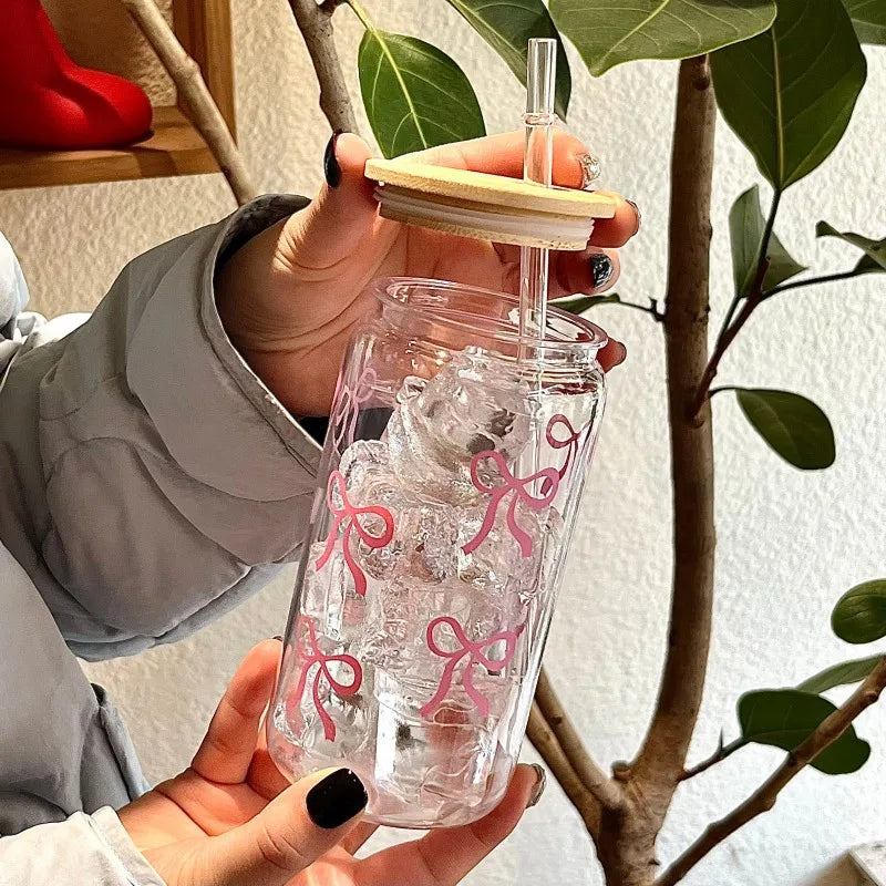 500ml Cute Bow Glass Tumbler with Lid & Straw – Mason Jar Style Cup for Iced Coffee, Juice & Smoothies