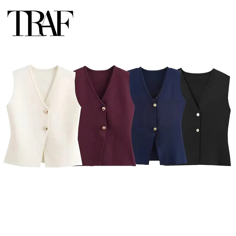 Top Court Tricot Femme – Gilet Boutonné Sans Manches