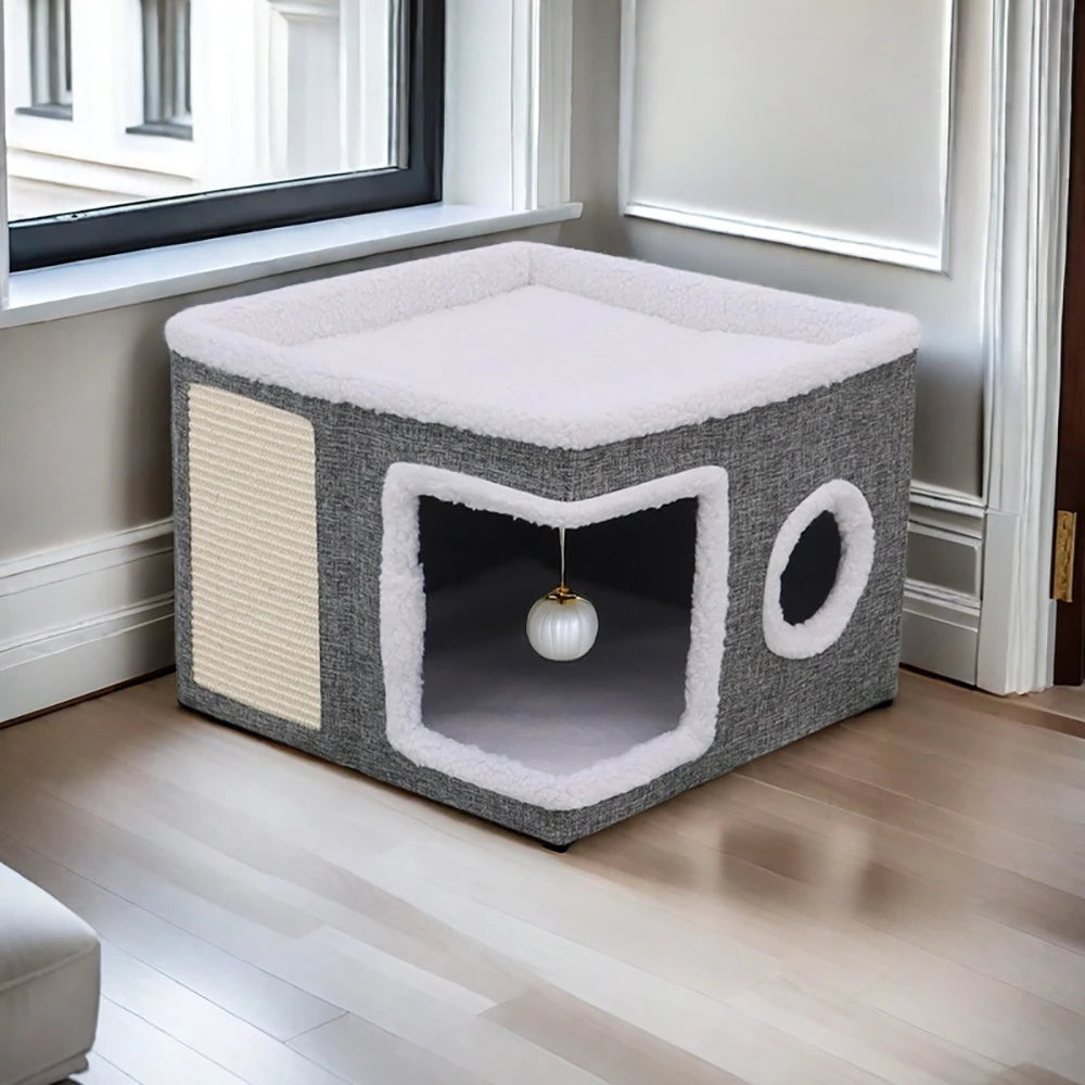 4-Season Multi-Level Cat House – Foldable Cat Cave Bed with Scratching Board