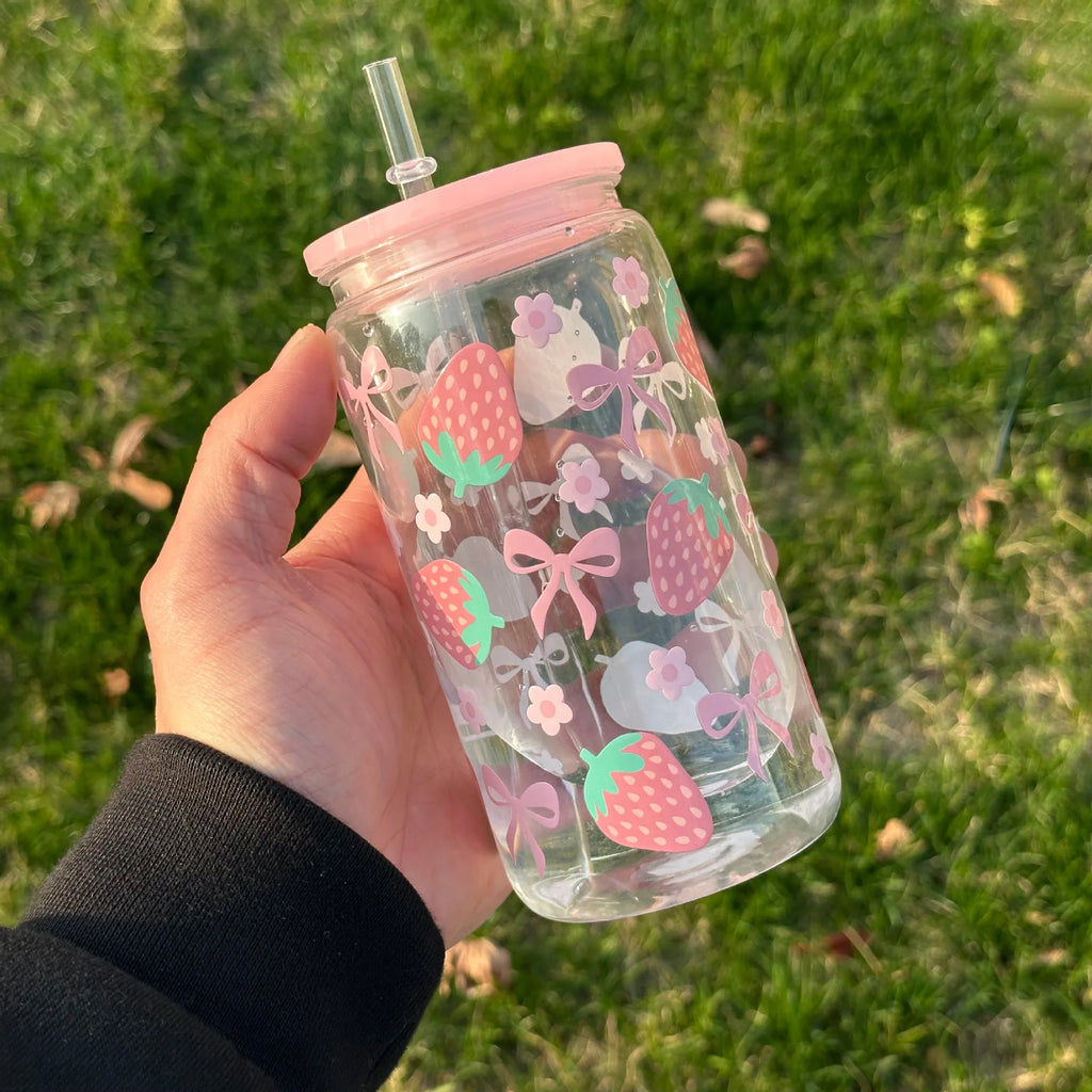 500ml Cute Bow Glass Tumbler with Lid & Straw – Mason Jar Style Cup for Iced Coffee, Juice & Smoothies
