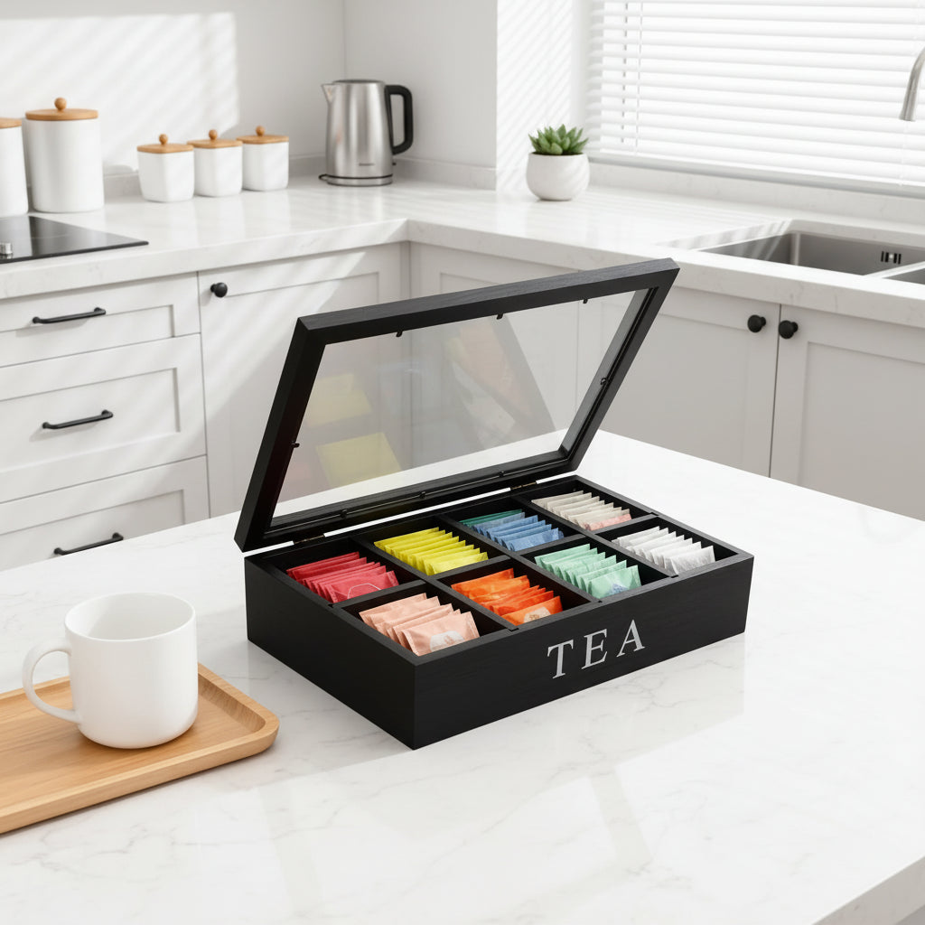 Wooden Tea Bag Storage Box with Clear Lid – 8 Compartment Organizer Case