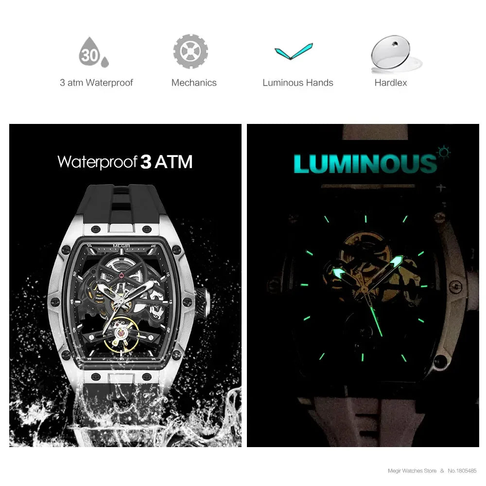 MEGIR montre mécanique automatique pour hommes avec boîtier en acier inoxydable bracelet en Silicone cadran squelette montre-bracelet de Sport étanche