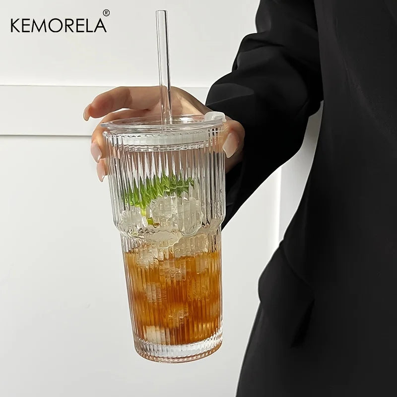 600ml Ribbed Glass Coffee Cup with Lid & Straw – Transparent Tumbler for Iced Coffee, Juice & Cold Drinks