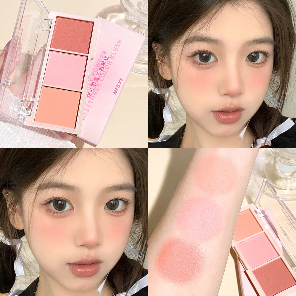 Blush trois couleurs – Couleurs naturelles, rendu délicat, poudre matte sans chute – Longue tenue, maquillage éclatant et frais pour filles
