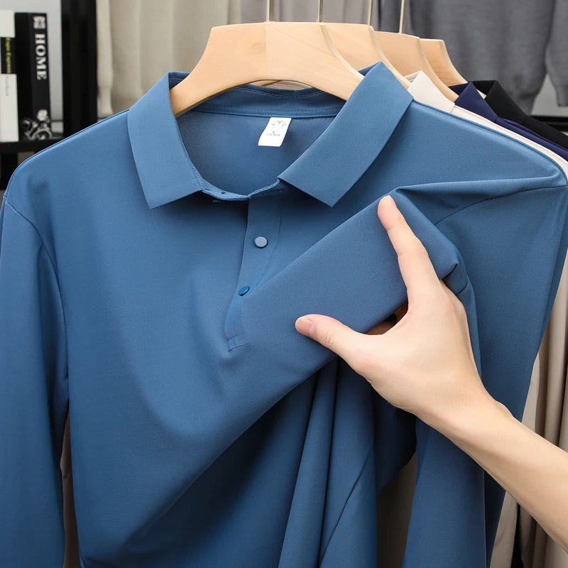 Hommes de haute qualité été nouveau revers hommes à manches longues polo broderie couleur unie affaires décontracté hommes polo