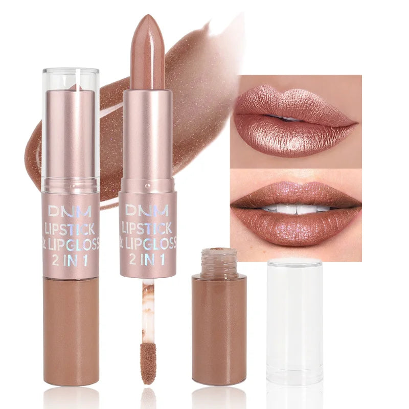 Rouge à lèvres 2-en-1 + gloss — Couleur métallique et nacrée | Tenue longue durée et hydratante | Waterproof | Finition brillante et sexy pour maquillage des lèvres